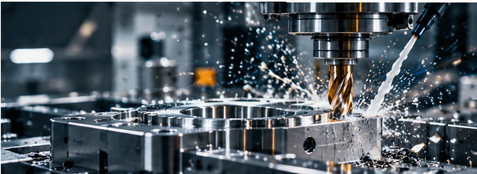 Illustrative CNC milling operation cutting a precision-machined metal workpiece