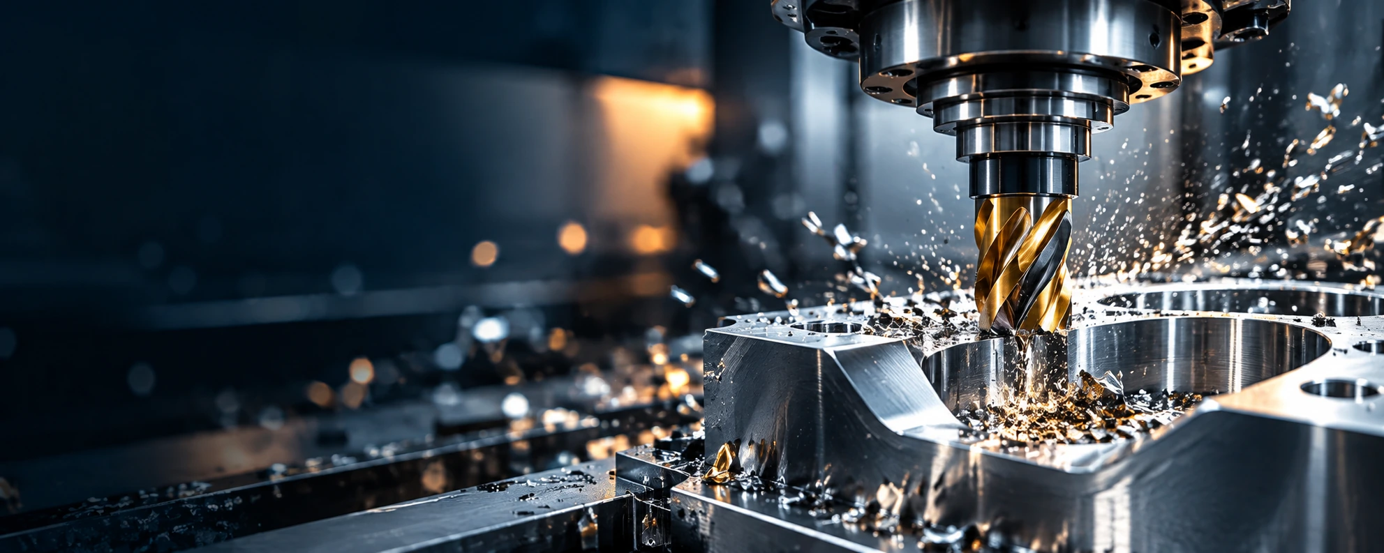 CNC milling cutter machining a precision metal component